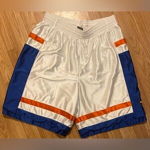 Nike White Athletic Shorts with Blue Panels & Orange Trim
